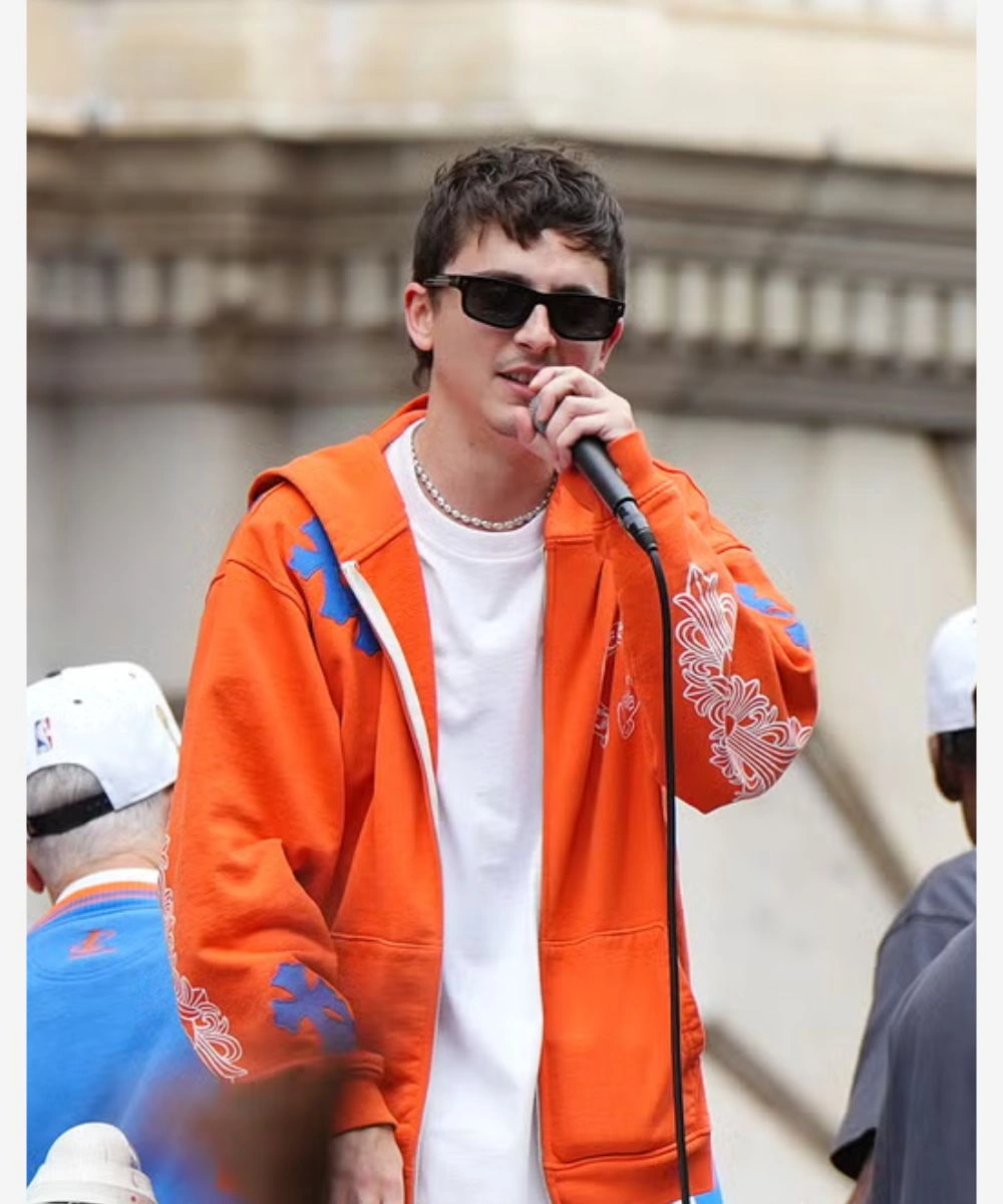 Timothée Chalamet New York Knicks Victory Parade Chrome Hearts Orange & Blue Zip Up Hoodie
