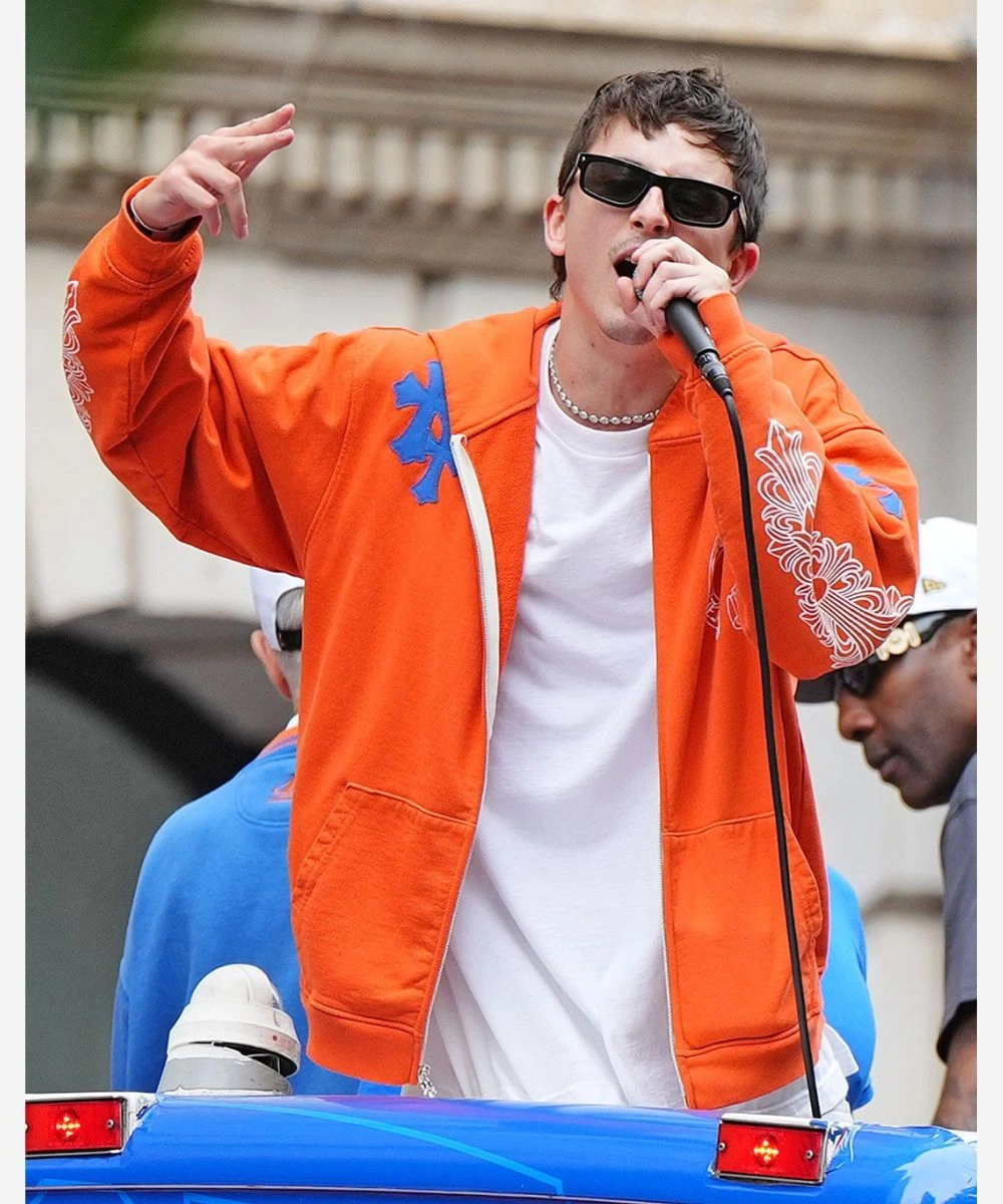Timothée Chalamet New York Knicks Victory Parade Chrome Hearts Zip Up Hoodie Orange & Blue