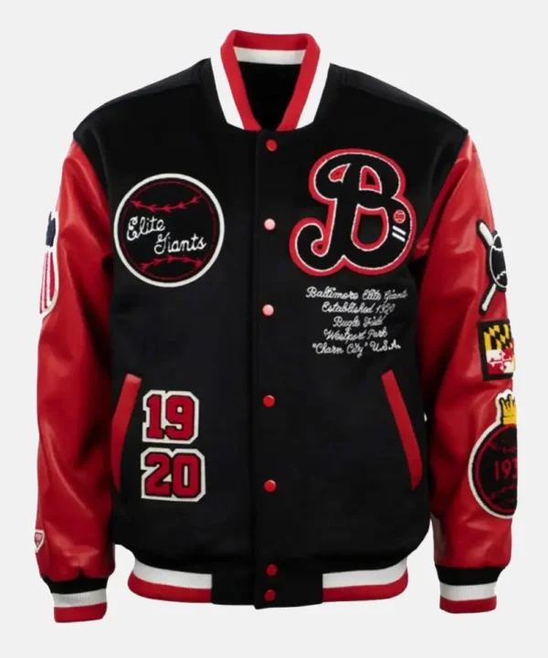 Unisex Baltimore Elite Giants Black & Red Varsity Wool/Leather Jacket For Sale