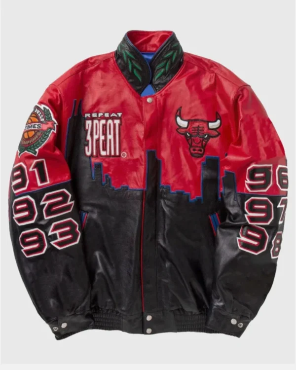 Vintage 3 Peat Repeat Jeff NBA Chicago 1998 Bulls Leather Jacket Red & Black