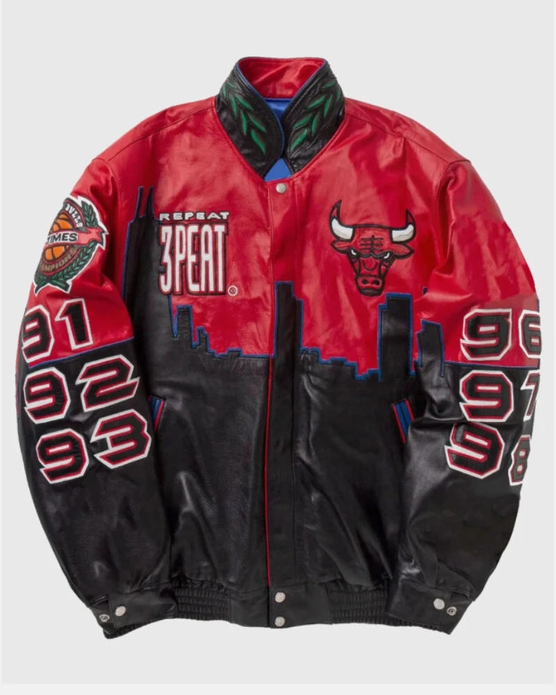 Vintage 3 Peat Repeat Jeff NBA Chicago 1998 Bulls Leather Jacket Red & Black