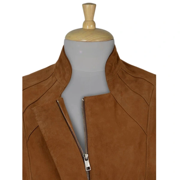 WOMEN'S CARAMEL BROWN COLLAR SUEDE LEATHER JACKET
