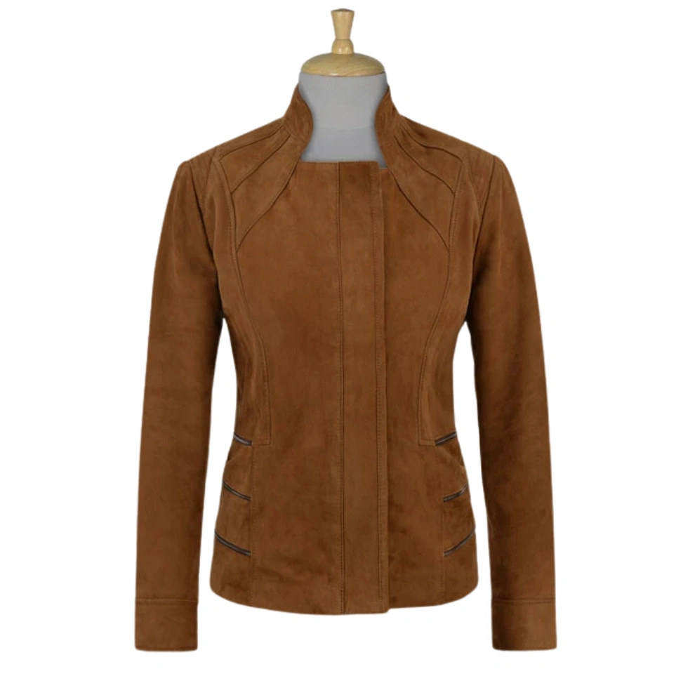 WOMEN'S CARAMEL BROWN STYLISH COLLAR SUEDE LEATHER JACKET