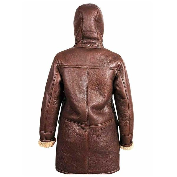 WOMEN'S DUFFLE HOODED LEATHER LONG COAT BROWN