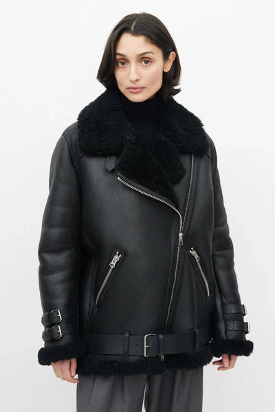 WOMEN'S FUR AVIATOR BLACK SHEARLING LEATHER BOMBER JACKET