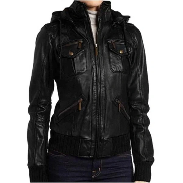 WOMEN'S GIRL NEST DOOR BLACK BOMBER DETACHABLE HOODED LEATHER JACKET