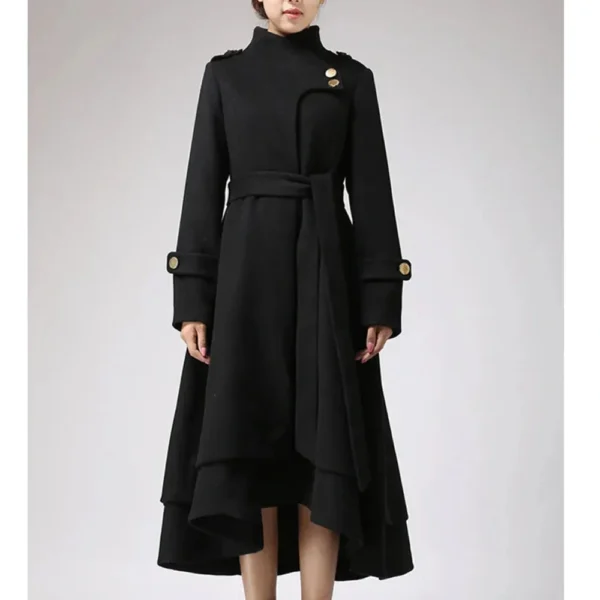 Women’s Asymmetrical Hem Swing Black Wool Long Coat