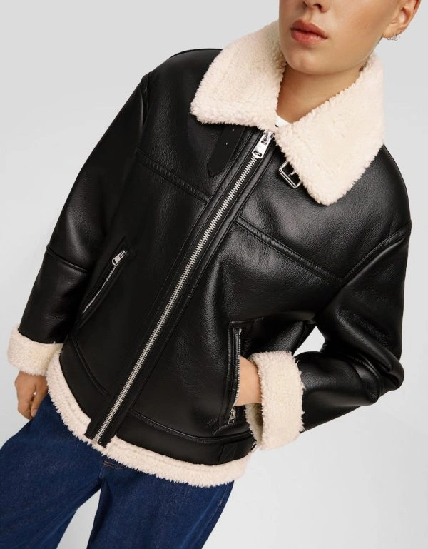 Women's Aviator Double-Sided Black Leather Shearling Jacket