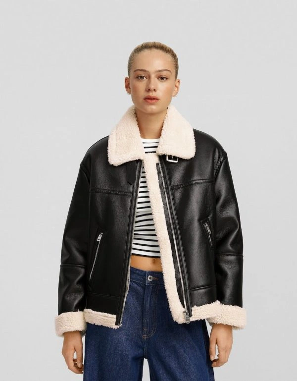 Women's Aviator Double-Sided Black Shearling Leather Jacket