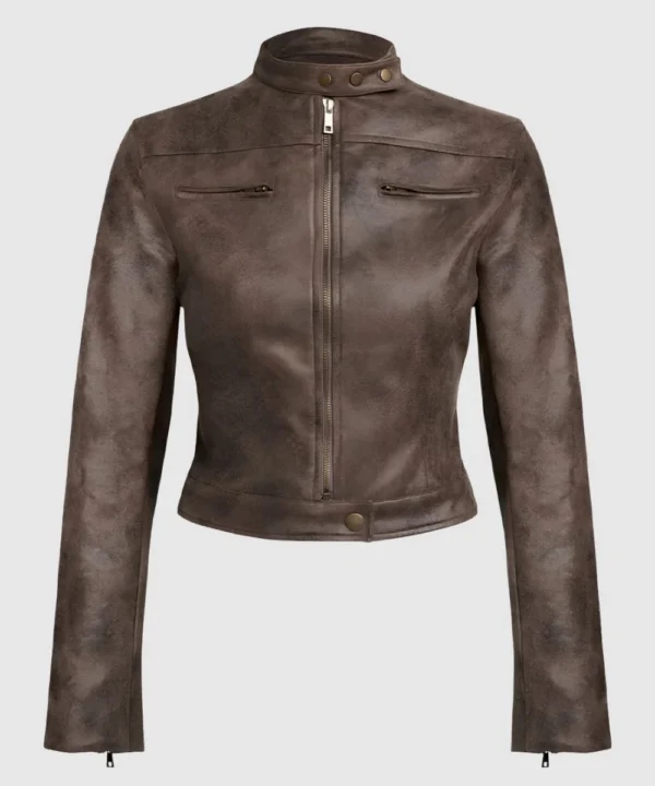 Women's Bella Moto Chocolate Distressed Cropped Leather Biker Jacket