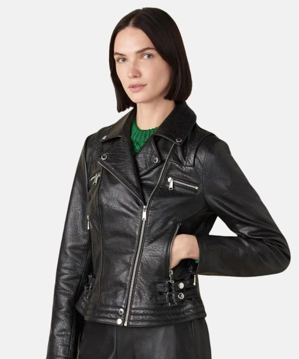 Women's Classical Brandy Bubble Black Leather Motorcycle Jacket