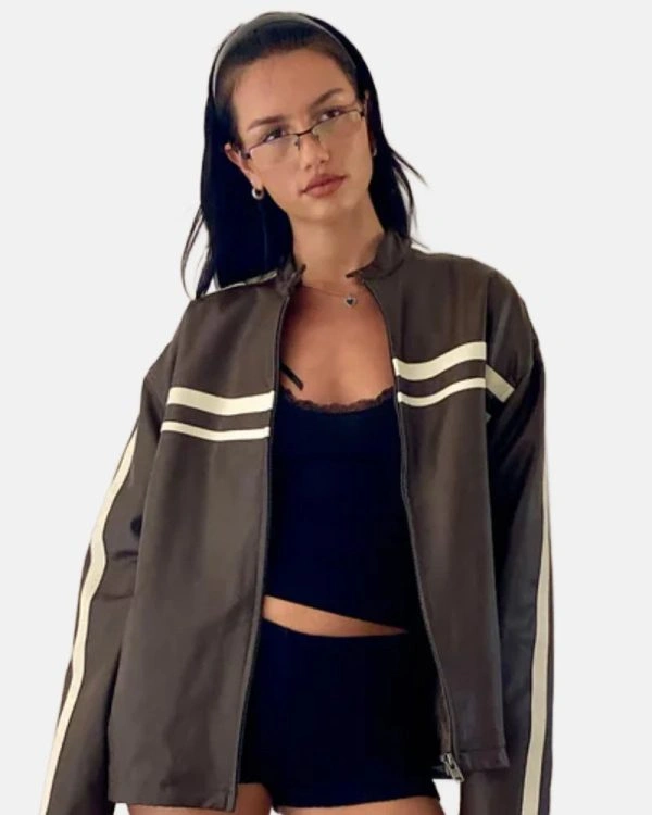 Women's Colton Ivory Stripe Chocolate PU Leather Jacket
