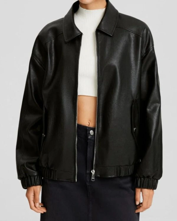 Women's Dad Fit Black Faux Leather Bomber Jacket