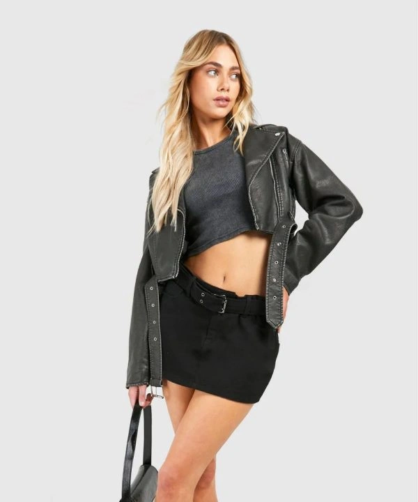 Women's Distressed Cropped Black Biker Leather Jacket