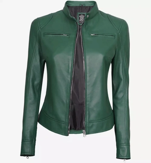 Women's Dodge Green Cafe Racer Biker Leather Jacket