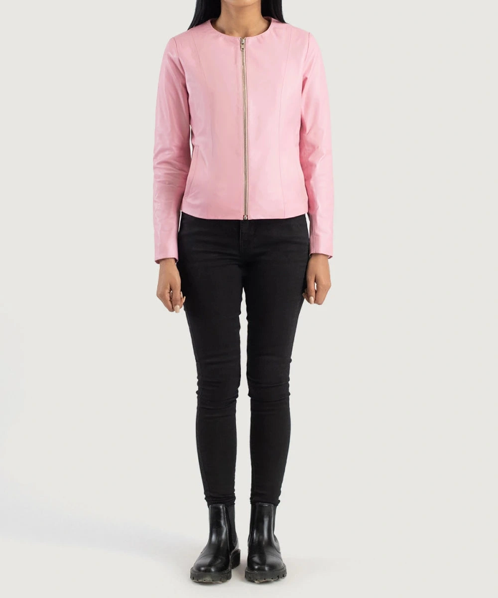 Women's Emma Stone Collarless Pink Leather Biker Jacket