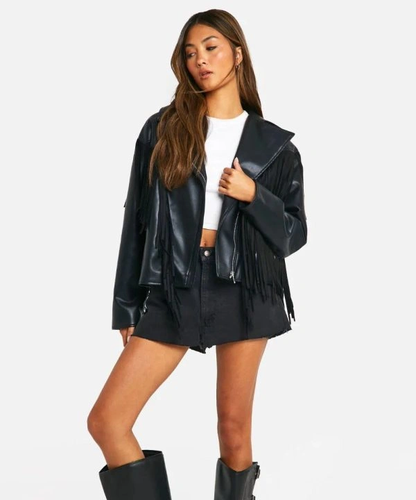 Women's Fringe Black Motorcycle Leather Jacket