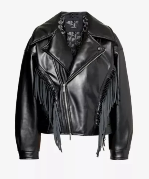 Women's House Of Sunny Athena Relaxed Fit Faux Fringe Black Leather Jacket 