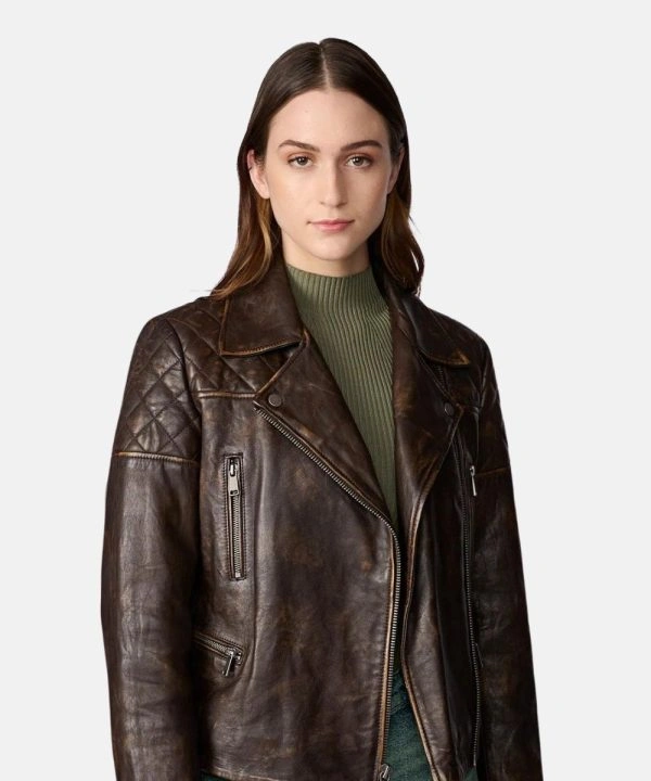 Women's Rebecca Hand-Painted Brown Leather Motorcycle Jacket