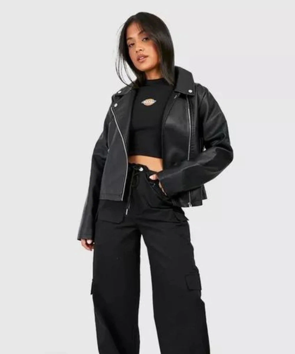 Women's Vintage Petite Black Biker Leather Jacket