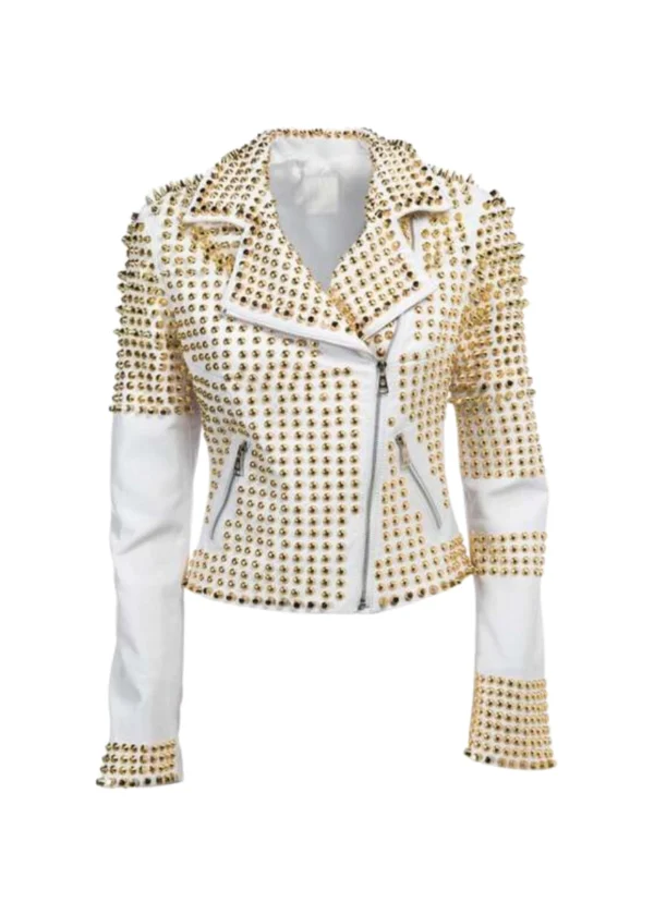 Women's White Stylish Golden Studded Leather Jacket