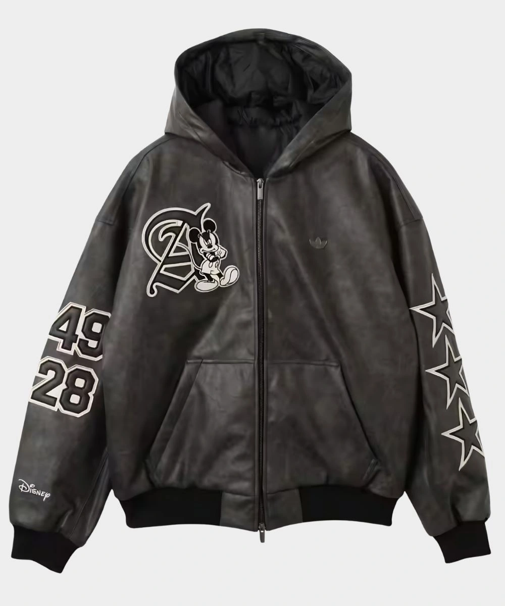 ディズニー ジャケット Adidas x Disney Mickey Mouse Black Leather Hooded Jacket