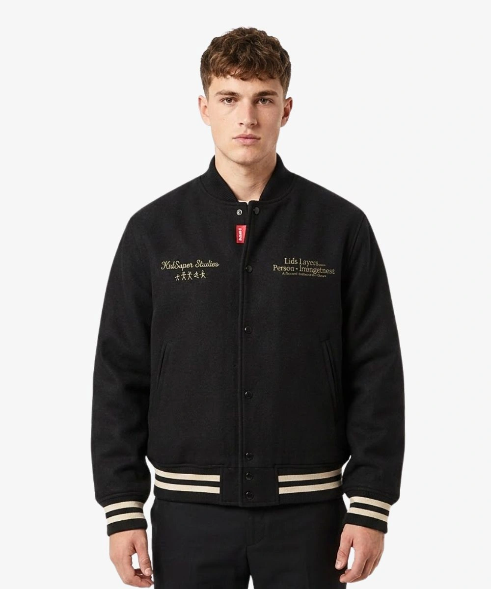 Men's HBO Originals Life, Larry & The Pursuit Of Unhappiness Kidsuper Letterman Jacket Black