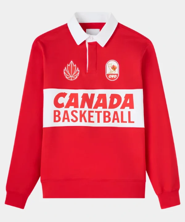 Unisex October's Very Own Canada Basketball Rugby Polo Sweatshirt Red & White