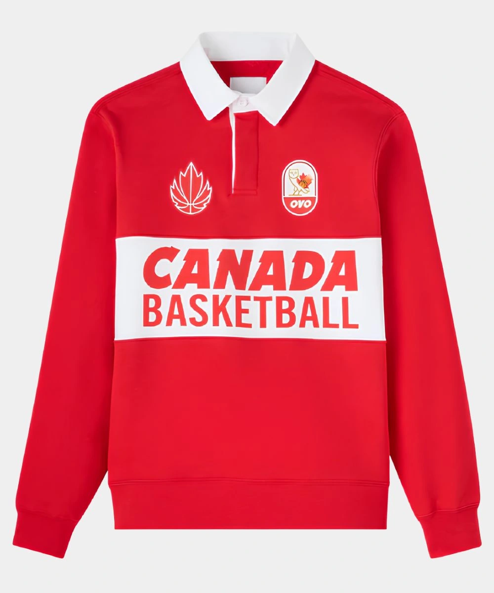 Unisex October's Very Own Canada Basketball Rugby Polo Sweatshirt Red & White