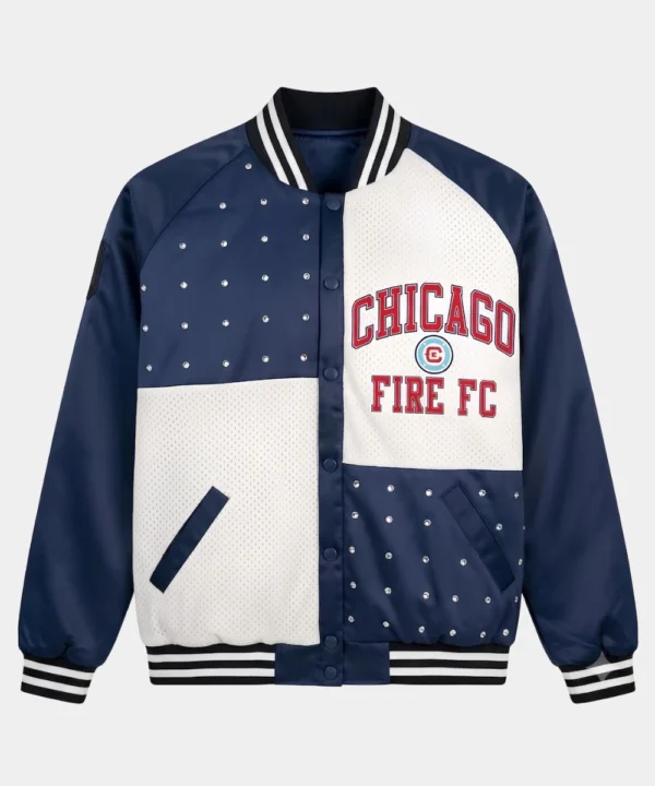 Women's Chicago Fire Gameday Couture Refined Rivalries Rhinestone Raglan Varsity Jacket