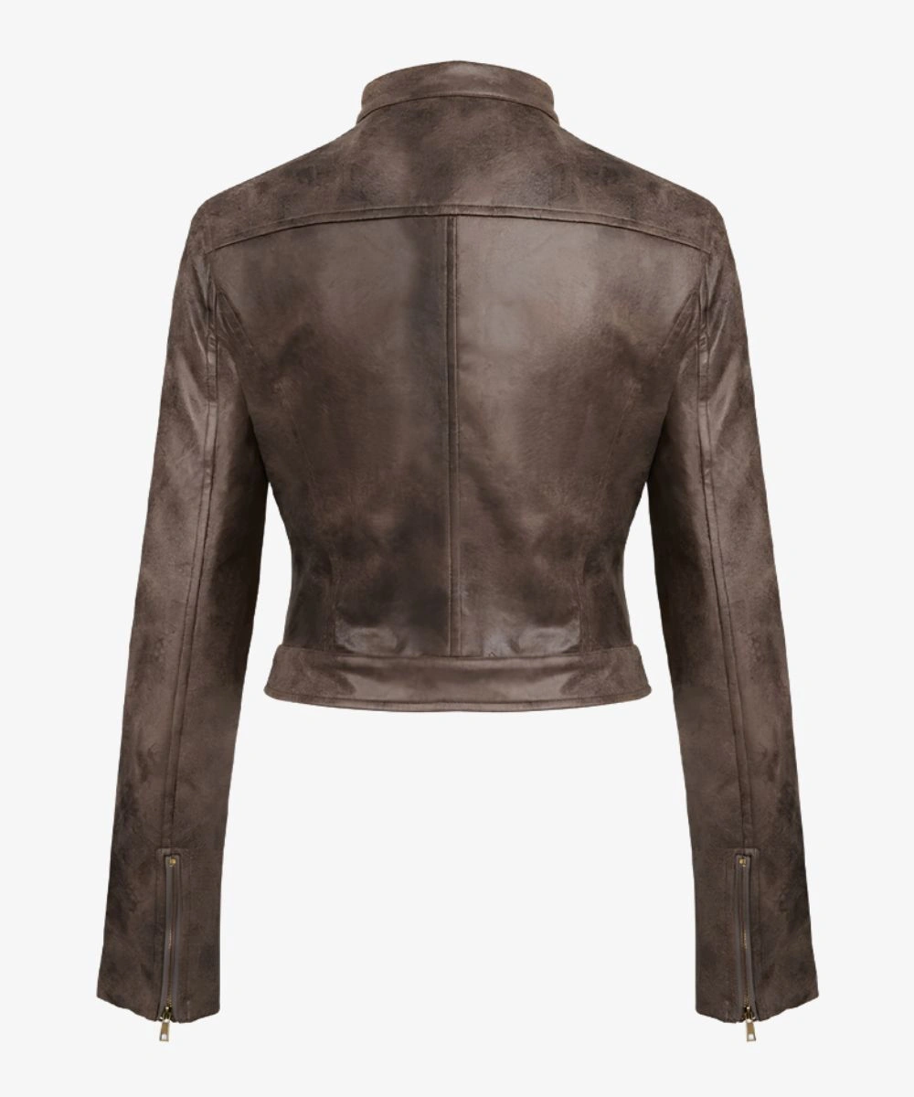 Women's Lioness Bella Moto Cropped Brown Leather Jacket For Sale