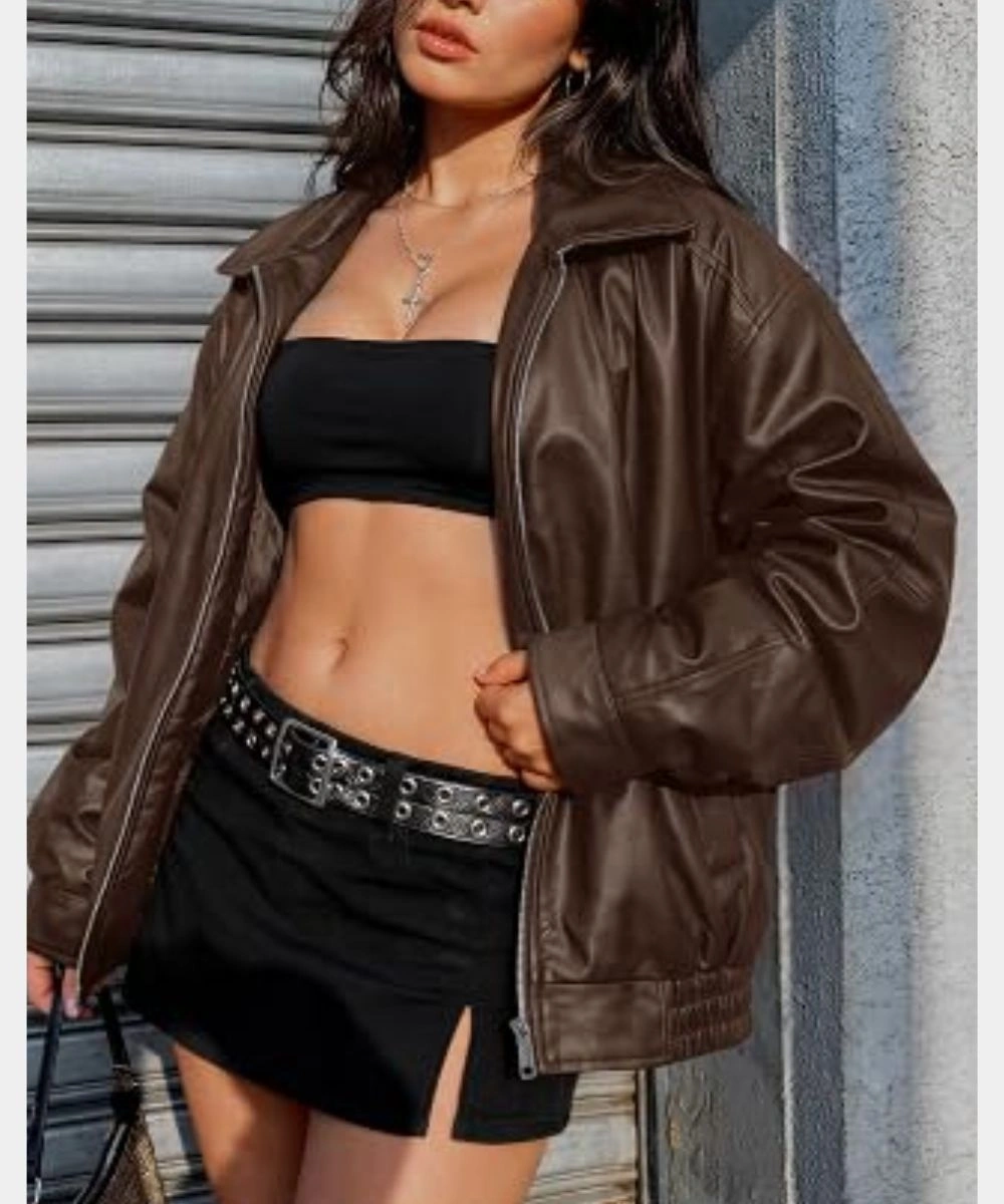 AUTOMET Oversized Brown Faux Leather Jacket Women's