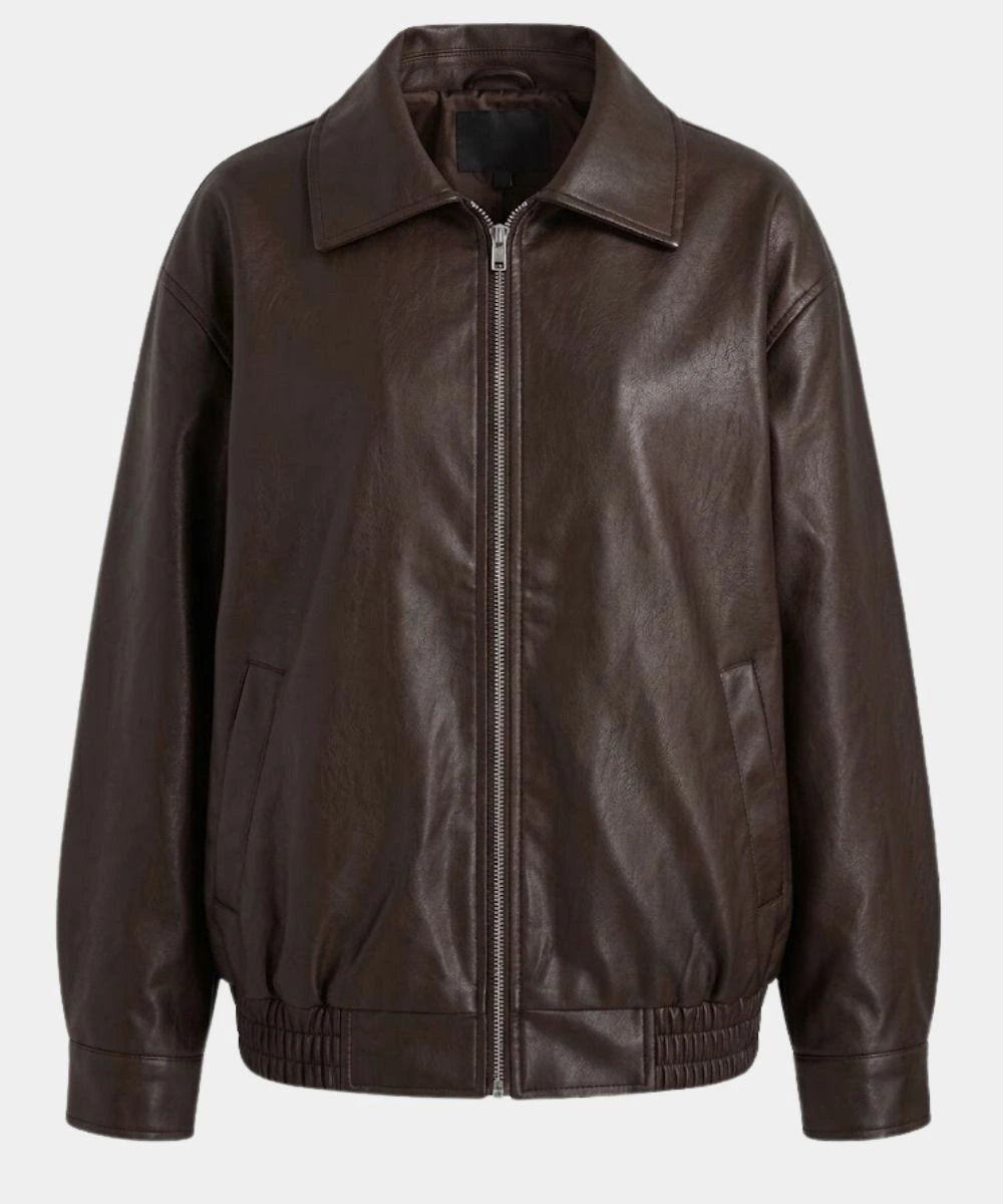 AUTOMET Women's Oversized Brown Faux Leather Jacket