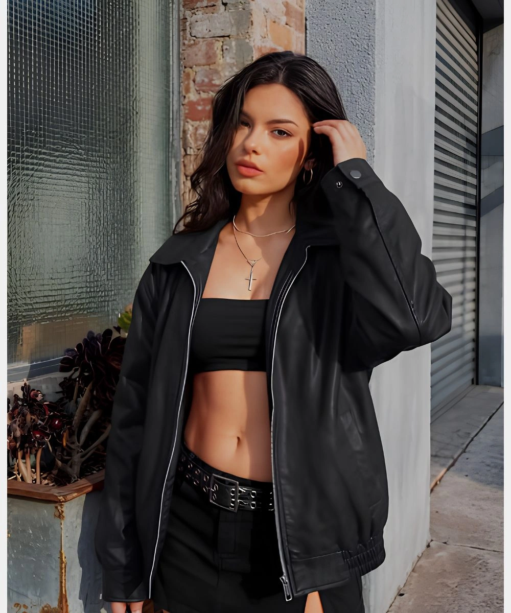 AUTOMET Women's Oversized Faux Leather Bomber Jacket For Sale