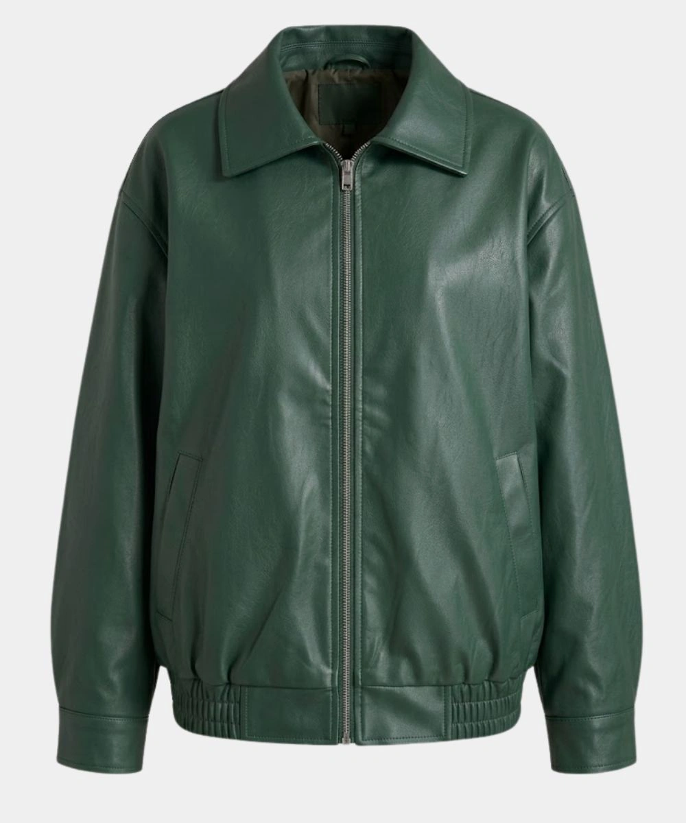 AUTOMET Women's Oversized Green Faux Leather Bomber Jacket