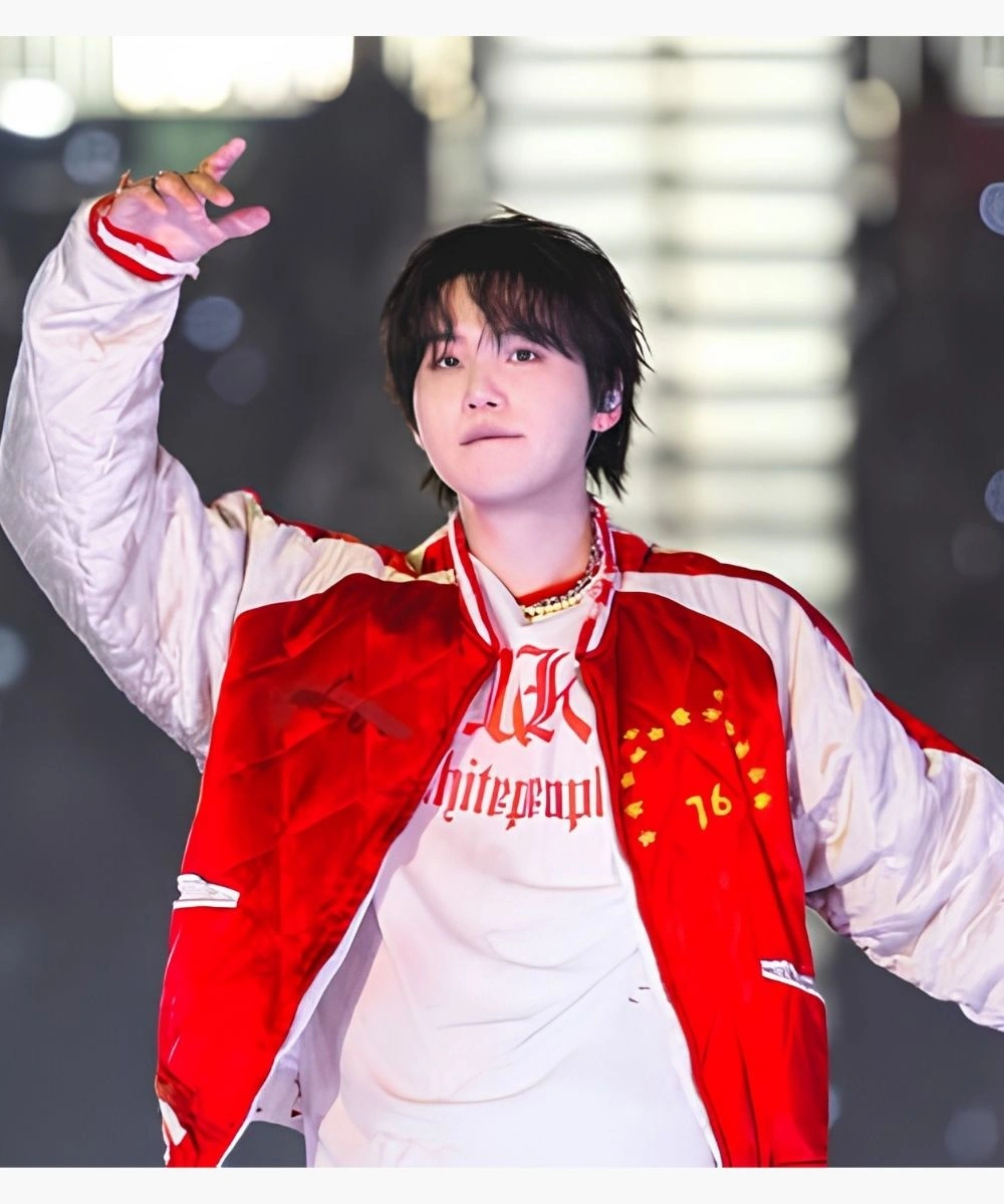 BTS ARIRANG Toronto Suga Red Satin Bomber Jacket