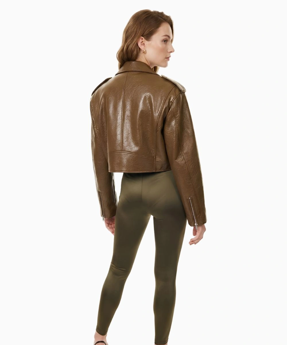 Brown Cropped Biker Leather Jacket