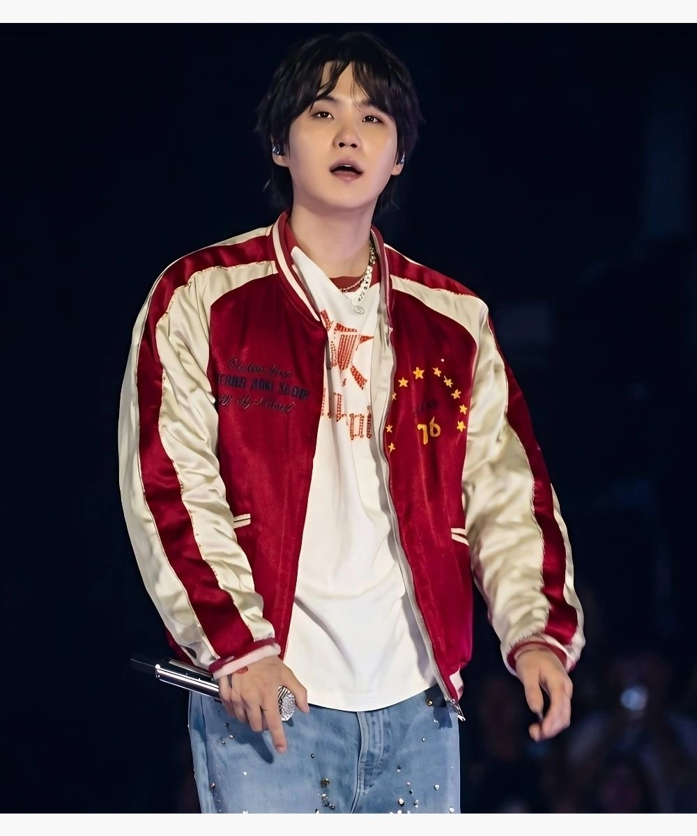 Suga ARIRANG Red Satin Bomber Jacket