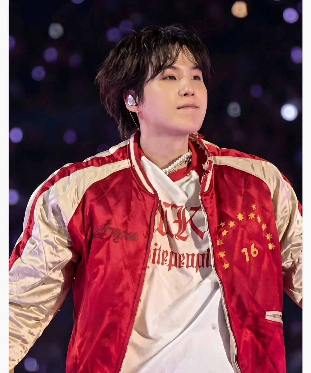 Suga ARIRANG Toronto Red Satin Bomber Jacket