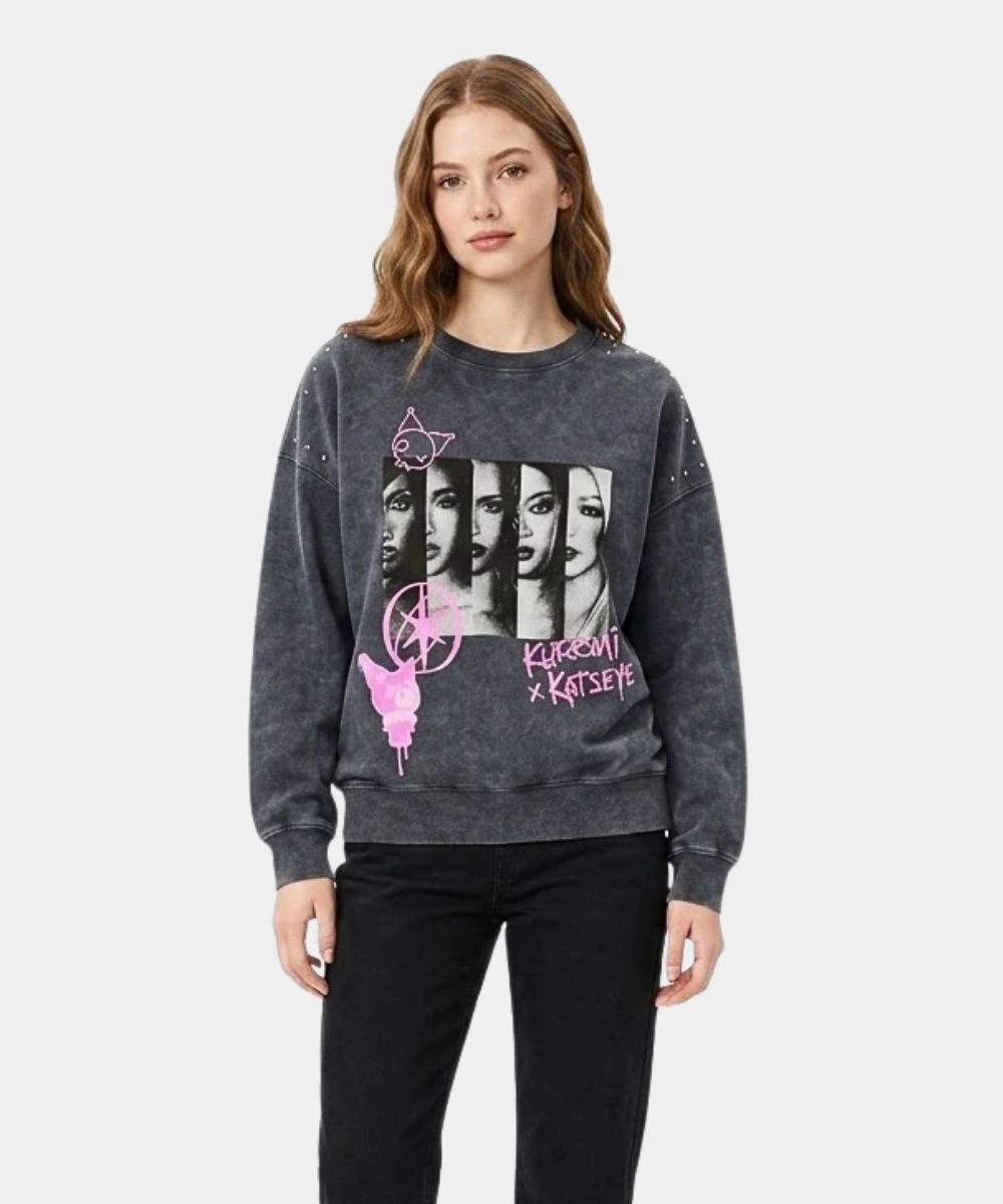 Women's 2026 Kuromi x Katseye Fleece Graphic Crew Sweatshirt Black