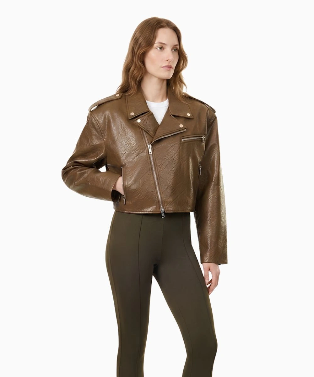 Women's Brown Cropped Biker Leather Jacket For Sale