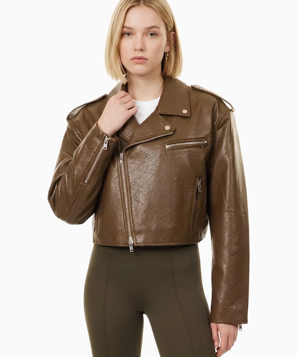 Women's Cropped Brown Biker Leather Jacket Sale