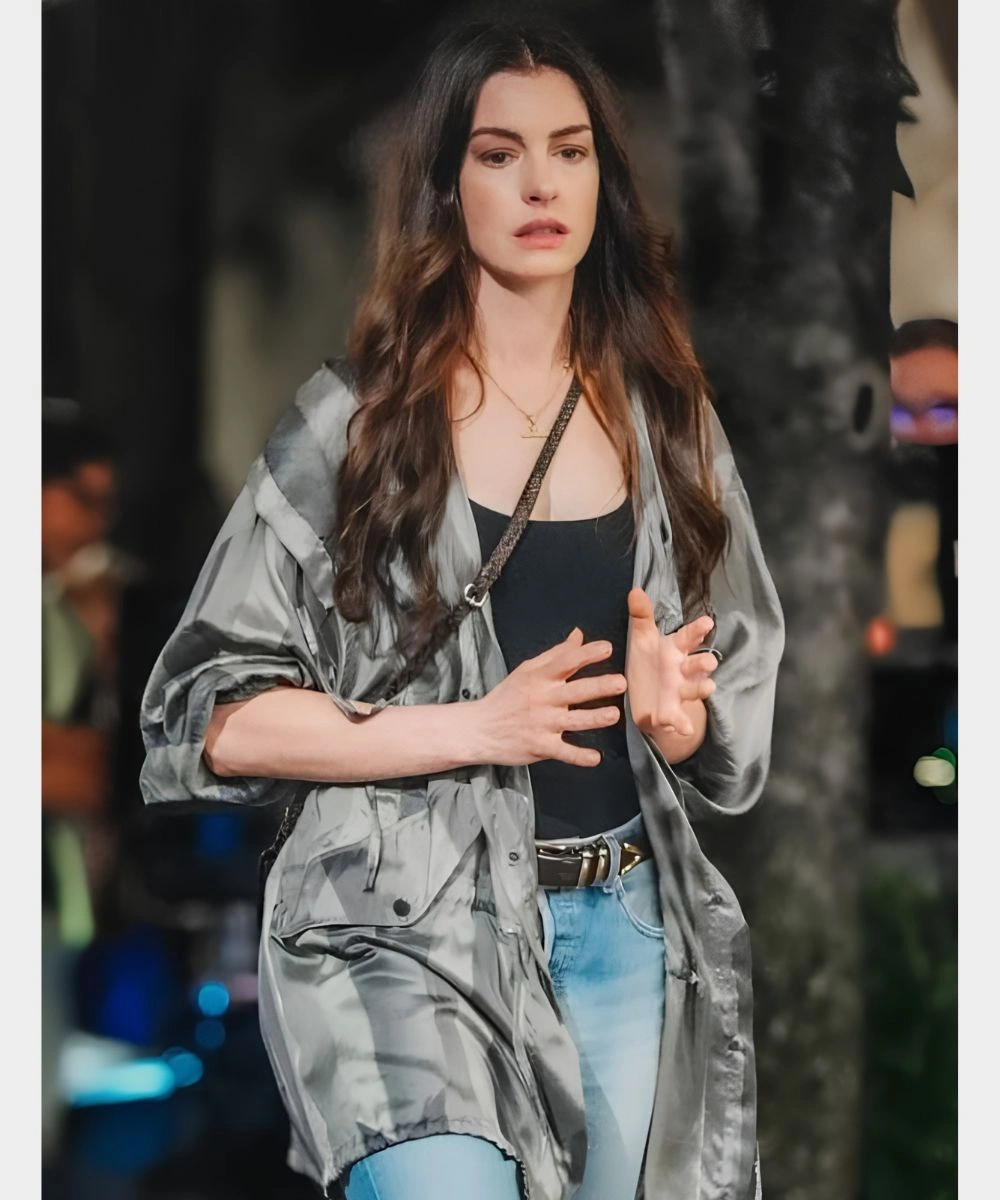 Anne Hathaway The Devil Wears Prada 2 Silk Striped Utility Jacket