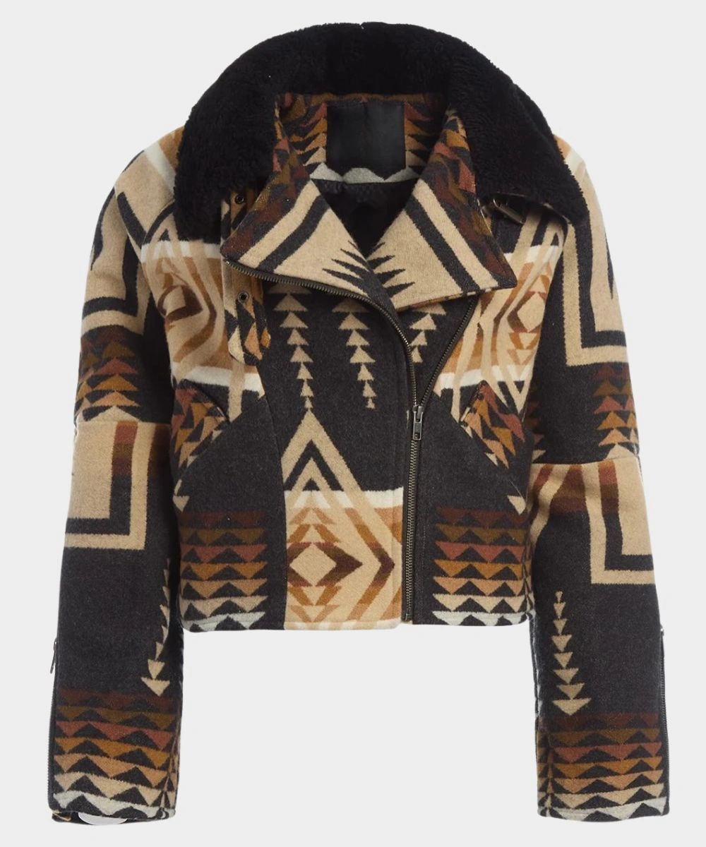 Kelly Reilly Yellowstone Beth Dutton Shearling Collar Aztec Jacket