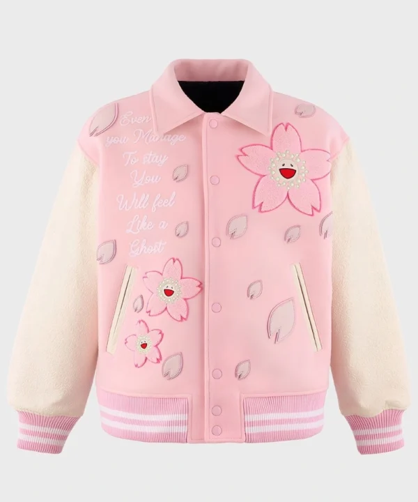 Takashi Murakami Japan Mononoke Sakura Pink Varsity Bomber Jacket