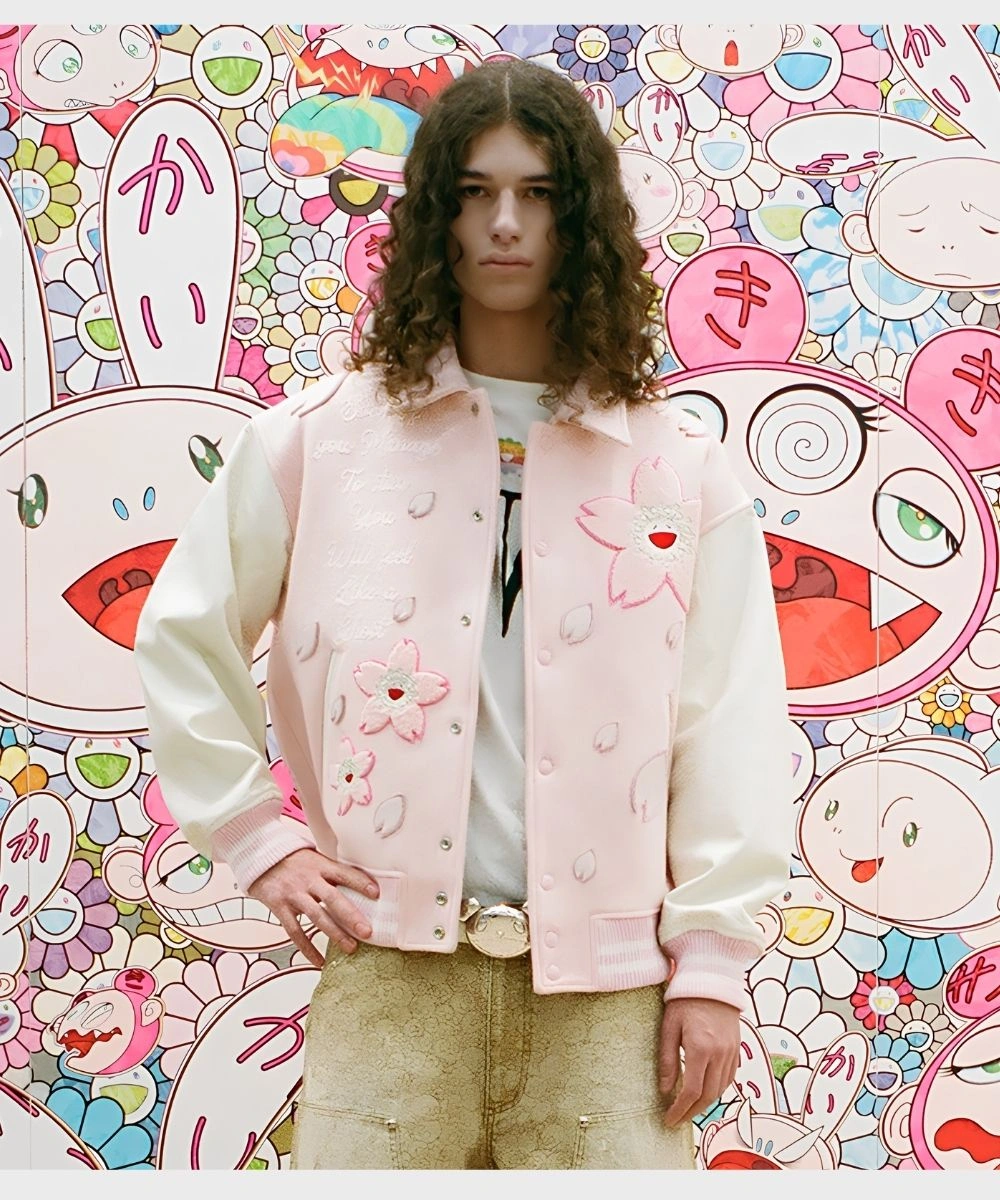 Takashi Murakami Japan Mononoke Sakura Pink Varsity Jacket