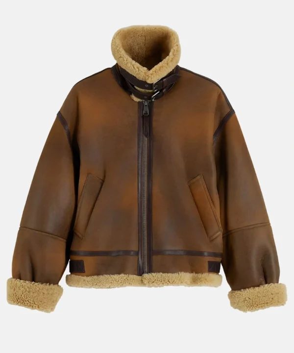 Tommy Hilfiger Gigi Hadid Natural Cognac Brown Shearling Leather Aviator Jacket