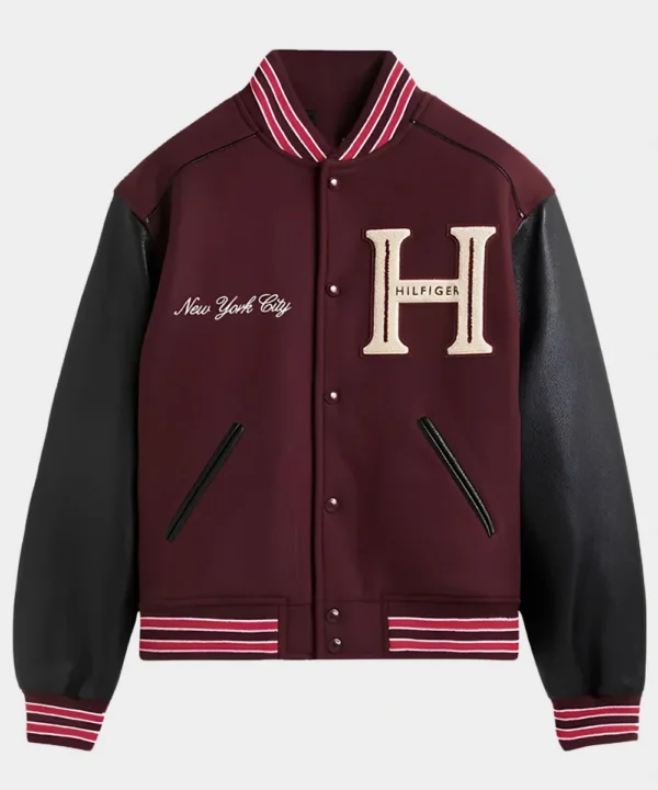 Travis Kelce Tommy Hilfiger Mixed-Media Maroon & Black Varsity Bomber Jacket