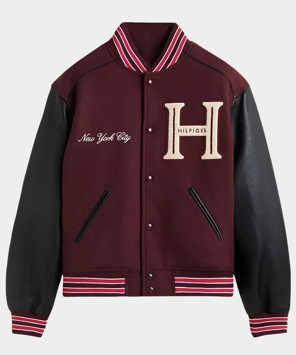 Travis Kelce Tommy Hilfiger Mixed-Media Maroon & Black Varsity Bomber Jacket