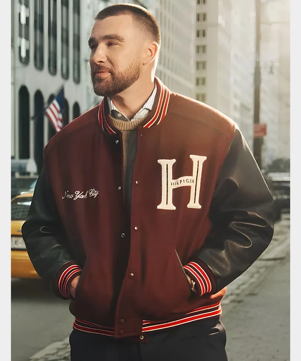 Travis Kelce Tommy Hilfiger Mixed-Media Maroon & Black Varsity Jacket
